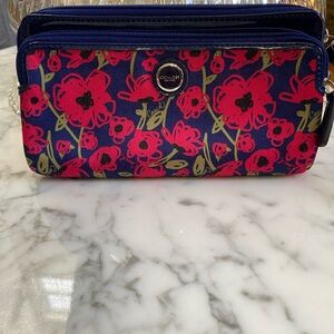 Coach Poppy Floral Print double zip wallet in hot pink and navy.